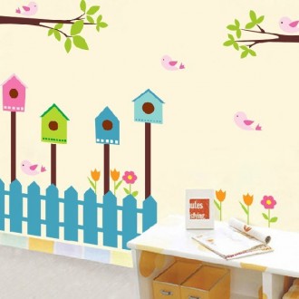 Cartoon Wall Stickers for Kids Rooms & Cartoon Bird and House Fence 